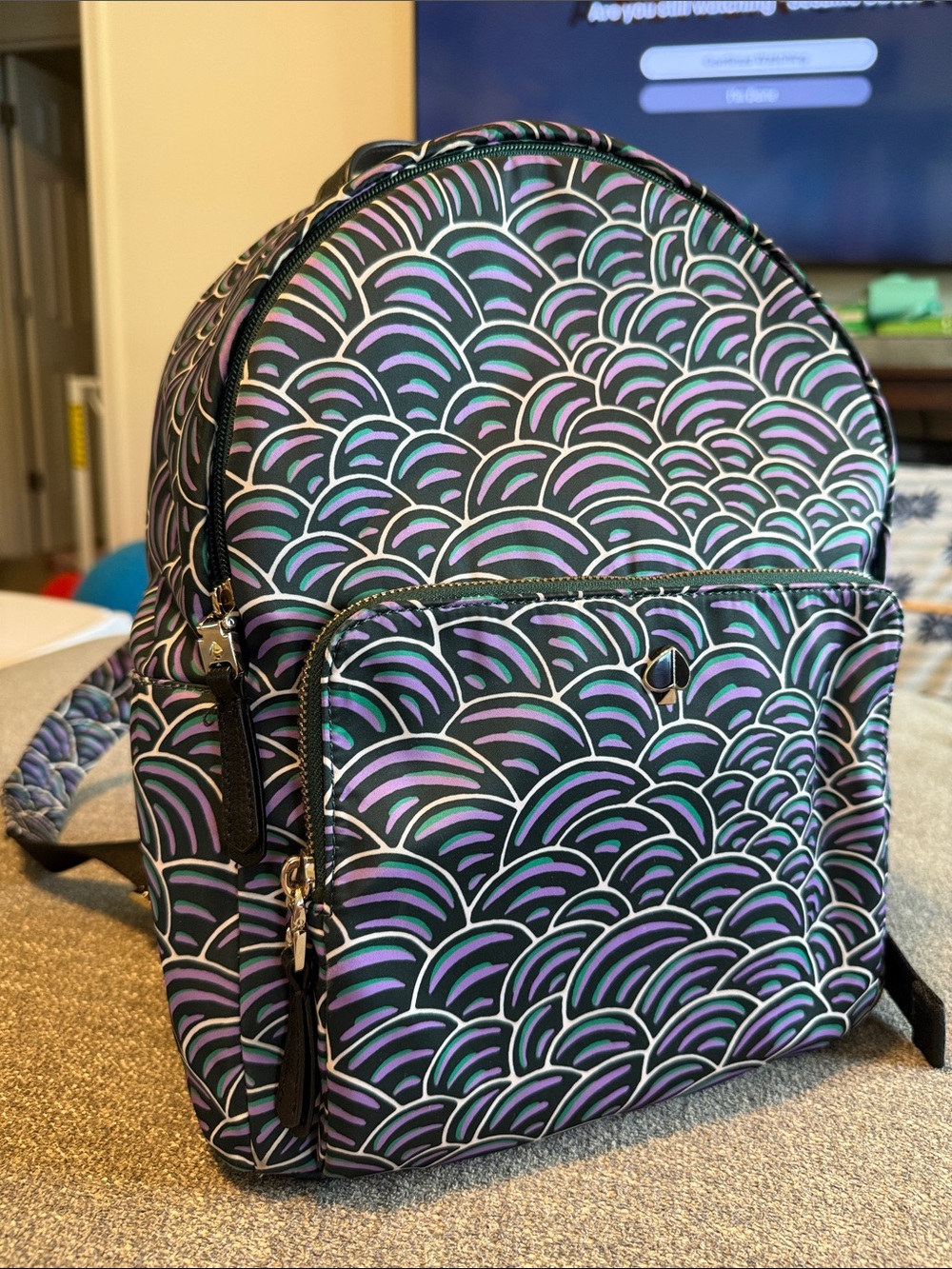 kate spade Black Backpack with Purple and Green Scalloped Print